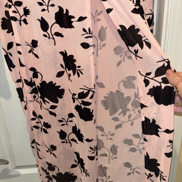 CBR SHEER DRESS MED. PINK W  BLACK FLORAL MIDI THIGH HIGH SLITS  HIGHCOLLAR NECK - Picture 4 of 14